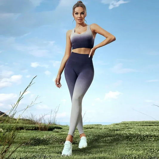 Gradient Color Yoga Sets Sports Fitness High Waist Hip-lifting Shaping Pants Bra Suit Workout Gym Leggings Sets For Women