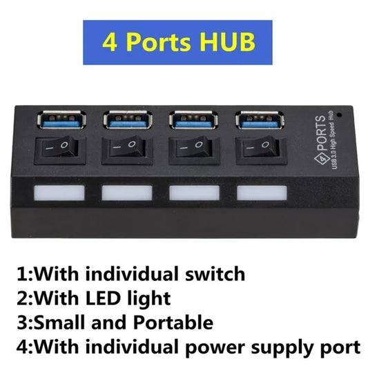 GRWIBEOU High Speed USB HUB 3.0 5Gbps USB 3.0 4 Ports HUB Newest Compact Lightweight Portable Adapter Hub with Power Supply