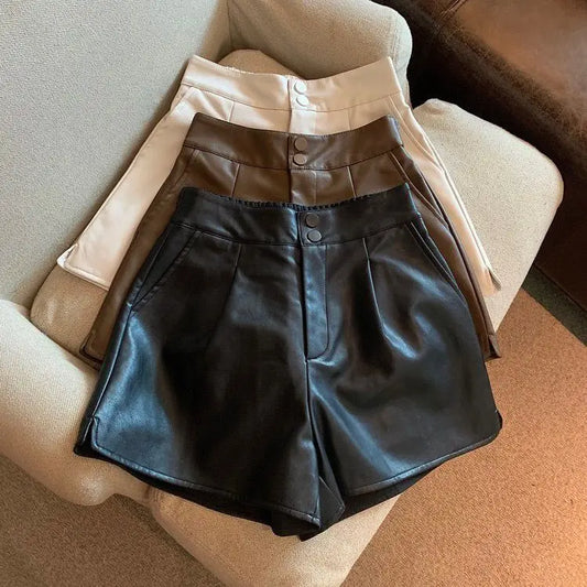 Pantalones cortos de piel sintética negros con bolsillos laterales para Mujer, Shorts Vintage de cintura alta con cremallera y cremallera, sexys, color negro, con bolsillos laterales, a la moda