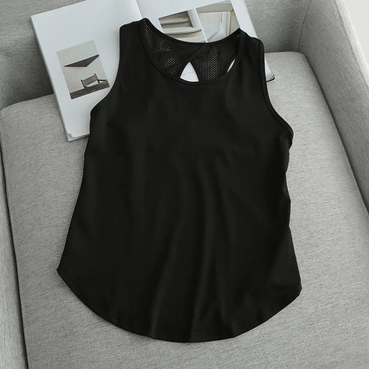 Verão de secagem rápida tanque superior seção fina malha sem costas solto casual versátil camisola yoga esportes camiseta fitness correndo colete