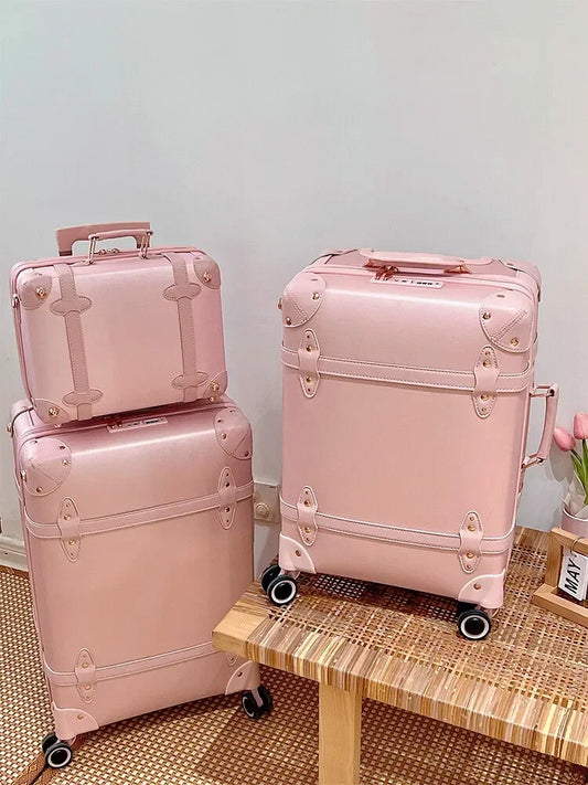 Vintage Leather Women Luggage Set 20in Carry-On + 24/26in Checked Suitcase Luxury Travel Trolley Case with Pink Handbag