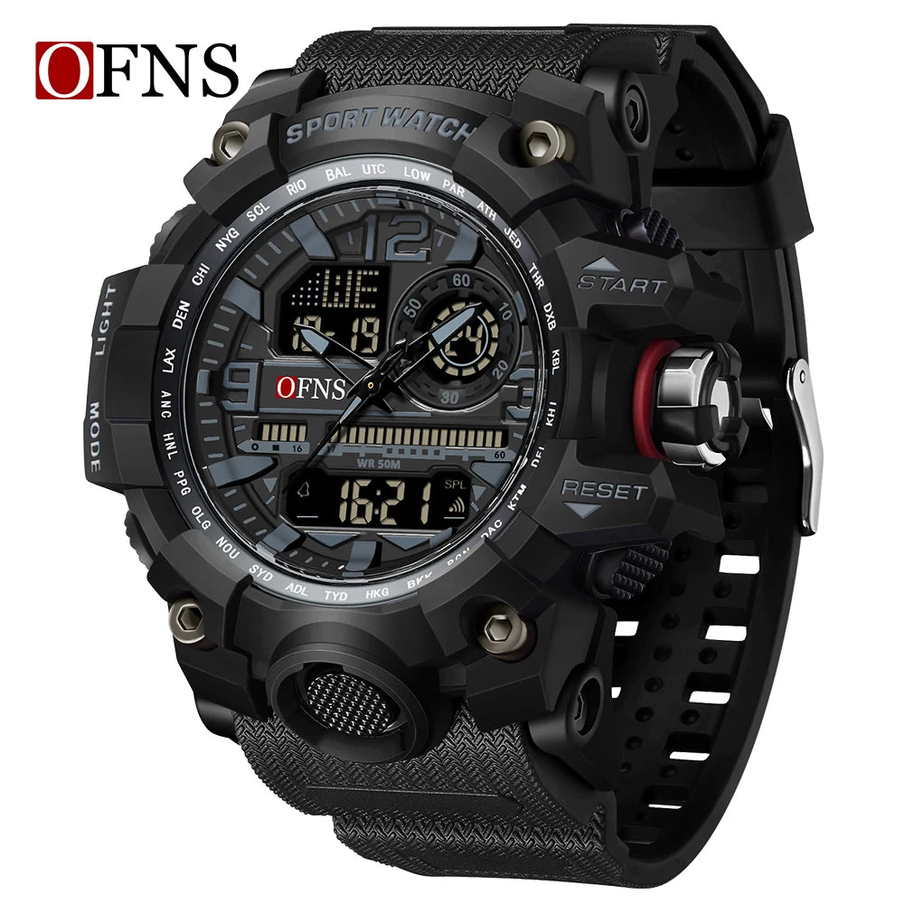 OFNS - Reloj de lujo estilo G para hombre, resistente al agua hasta 50 m, multifunción, deportivo, militar, de cuarzo, con LED digital