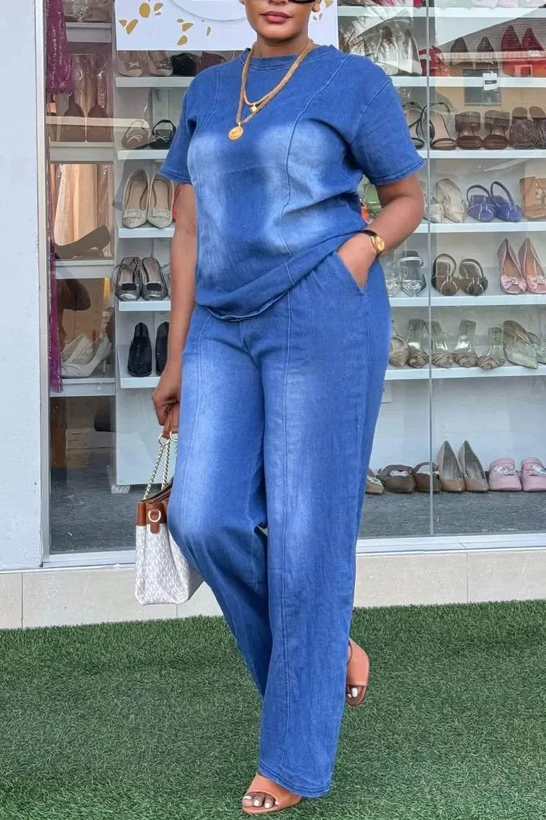 Women Pant Set Two Piece Sets Denim Round Neck Short Sleeve Tops Casual Loose Wide Leg Long Pants High Waist Y2k Streetwear