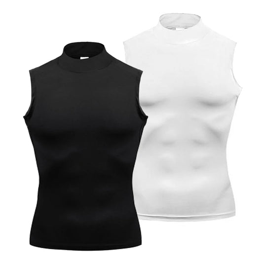 Exercício de treinamento sem mangas camisetas homens gola alta elástica camisa de compressão de secagem rápida ginásio regatas fitness correndo coletes