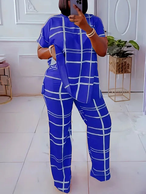 Conjunto feminino de 2 peças em grade listrada, casual, gola redonda, grande, confortável, novo, elementos de moda, primavera, outono