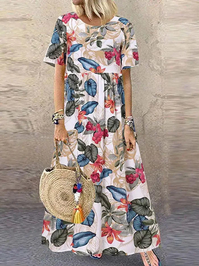 Vestido de festa elegante 2024 feminino elegante plus size saia solta em torno do pescoço manga curta retro impressão casual vestido longo feminino