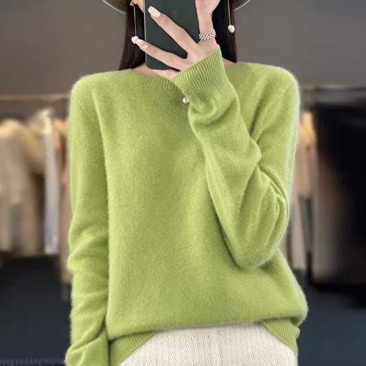 Nuevo suéter de cachemira para mujer, suéter de otoño e invierno, 100% lana merino, moda de cuello redondo, suéter cálido de otoño.