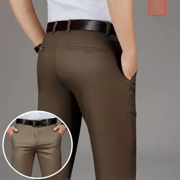 Pantalones casuales de seda helada para hombre, de negocios, formales, de verano, finos, rectos y holgados, para hombres de mediana edad.