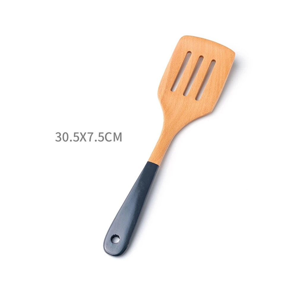 Espátula de madera con mango largo para cocinar, antiadherente, para saltear, resistente al calor, para el hogar, accesorio de cocina
