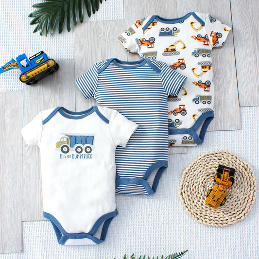 3PCS Summer Baby Bodysuit Three-piece Set with Cartoon Dinosaur and Stripe Pattern Button Design for 0-9 Months Old Boys