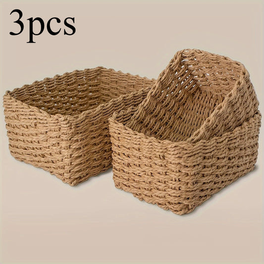 3pcs Paper Rope Storage Baskets for Organizing Container Bins for Shelves Cupboards Drawer, Small Woven Basket, Multifunctional