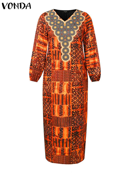 Plus Size 5XL VONDA Bohemian Summer Women Long Dress Printed Sundress Fashion Puff Sleeve V Neek Loose Casual Vestidos Robe