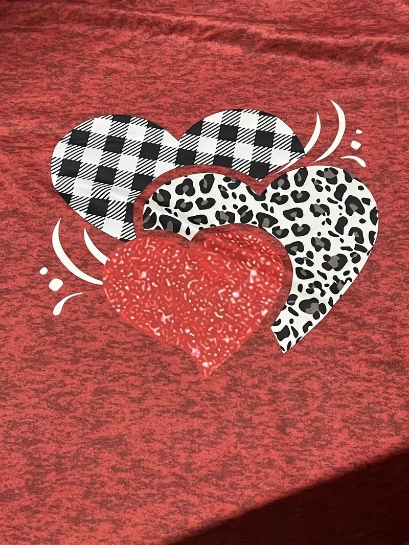 Camiseta con estampado de corazón a cuadros para mujer, primavera y verano 2024, informal, de manga corta, talla grande