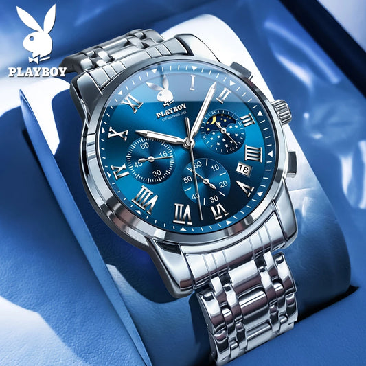 PLAYBOY Best Selling Fashion Luxury Quartz Watch for Men Original Stainless Steel Multifunction Waterproof Men's Wrist Watches
