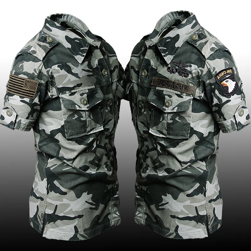 Short Sleeved Shirts Men Tactical T-shirt Spring Summer Workwear Cotton Vintage Shirt Army Embroidery Pocket Cargo Tees