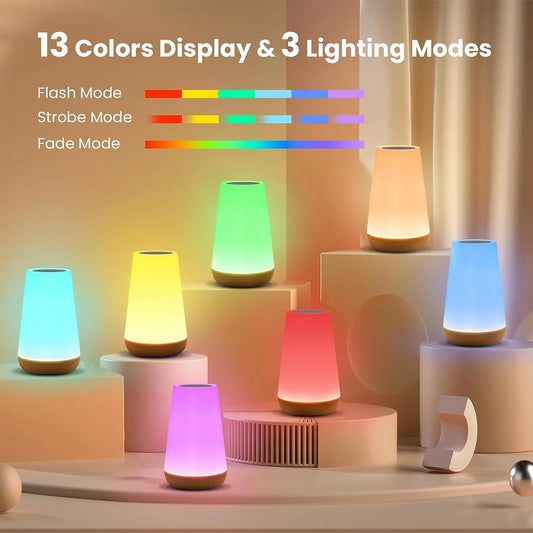 Lámpara de mesa, lámpara de noche para dormitorio, luz nocturna táctil que cambia de 13 colores, luz de habitación portátil recargable por USB regulable con control remoto RGB
