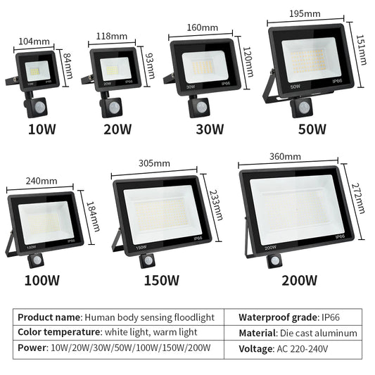 Holofote led com sensor de movimento pir, luz de parede externa, luz branca, 100w 50w 30w 20w 10w ip66, à prova d'água, holofote led para jardim