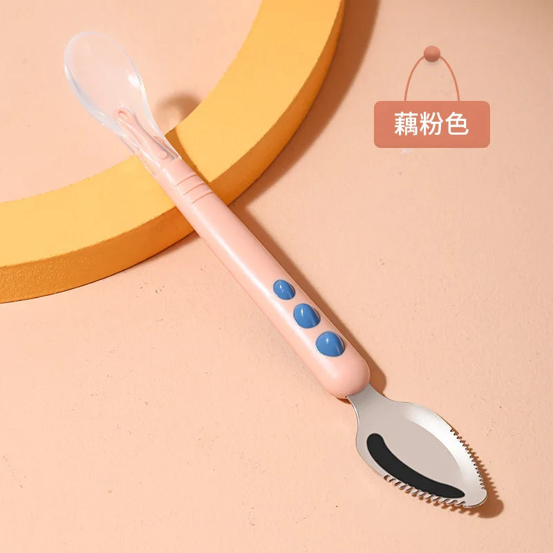 Baby Fruit Scraping Mud Spoon Double Head Silicone Stainless Steel Children Utensil Toddler Infant Food Eating Feeding Tableware