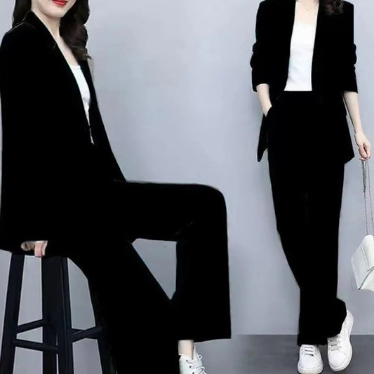 Breathable Two-piece Set Elegant Women's Business Suit Set with Lapel Button Closure Cardigan Wide Leg Trousers Formal for Plus