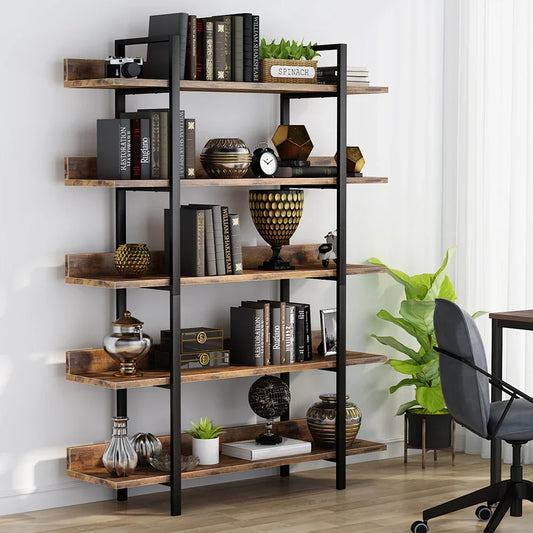 Tribesigns Bookshelf Storage Rack Standing Shelf 5 Tier Industrial Sturdy Bookshelf with Iron Pipe Frame