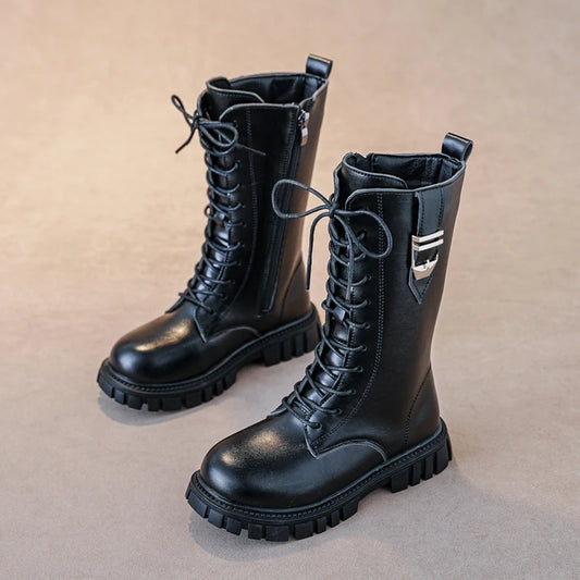 Elegant Zipper Baby Girl Casual Fashion Boots Autumn/winter Round Toe Warm Thick Sole Lace Comfortable Children's Midsole Boots