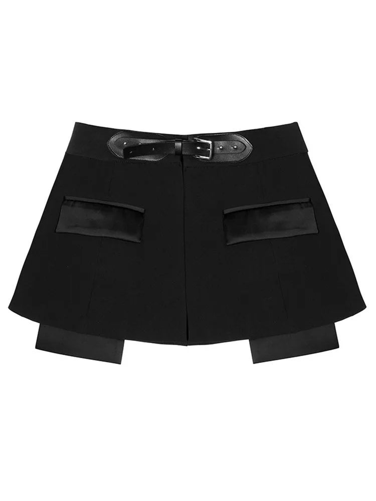 EAM Black Irregular Rhinestones Belted Mini Half-body Skirt High Waist Women Fashion Tide New Spring Autumn 2025 JY75801
