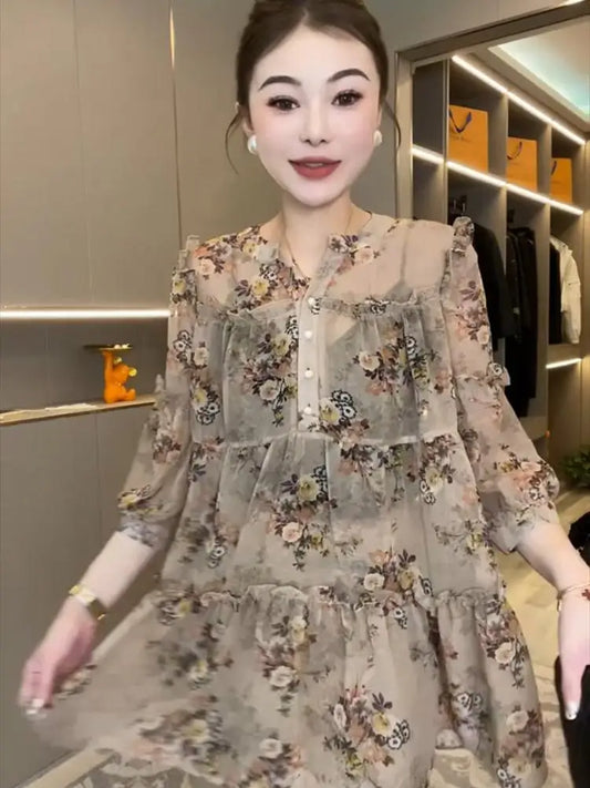 Vestido callejero explosivo de celebridades de Internet para mujer, nuevo estilo explosivo de verano, camisa floral de moda para reducir la edad, de talla mediana a larga