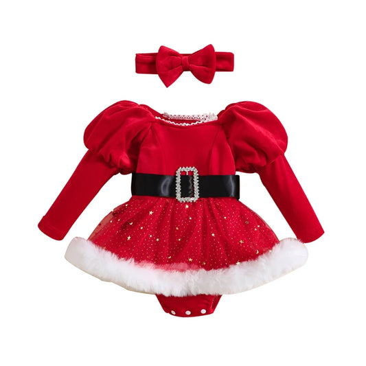 Baby Girls' Long Sleeve Romper with Headband, Toddler Bodysuits, Christmas Outfits, Patchwork, Sequins, Stars, Moon, Skirt, Hem