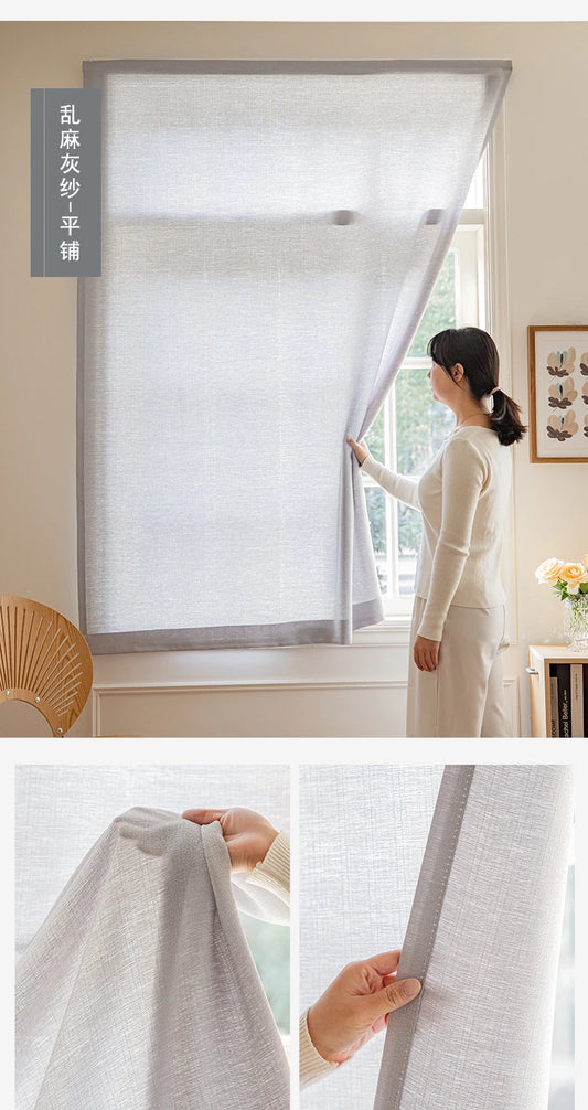Punch Free Self-stick Curtains for Bedroom, Solid Color Yarn Decoration Fabrics,Holes Free Velcro Semi-blackout Sheer Curtains