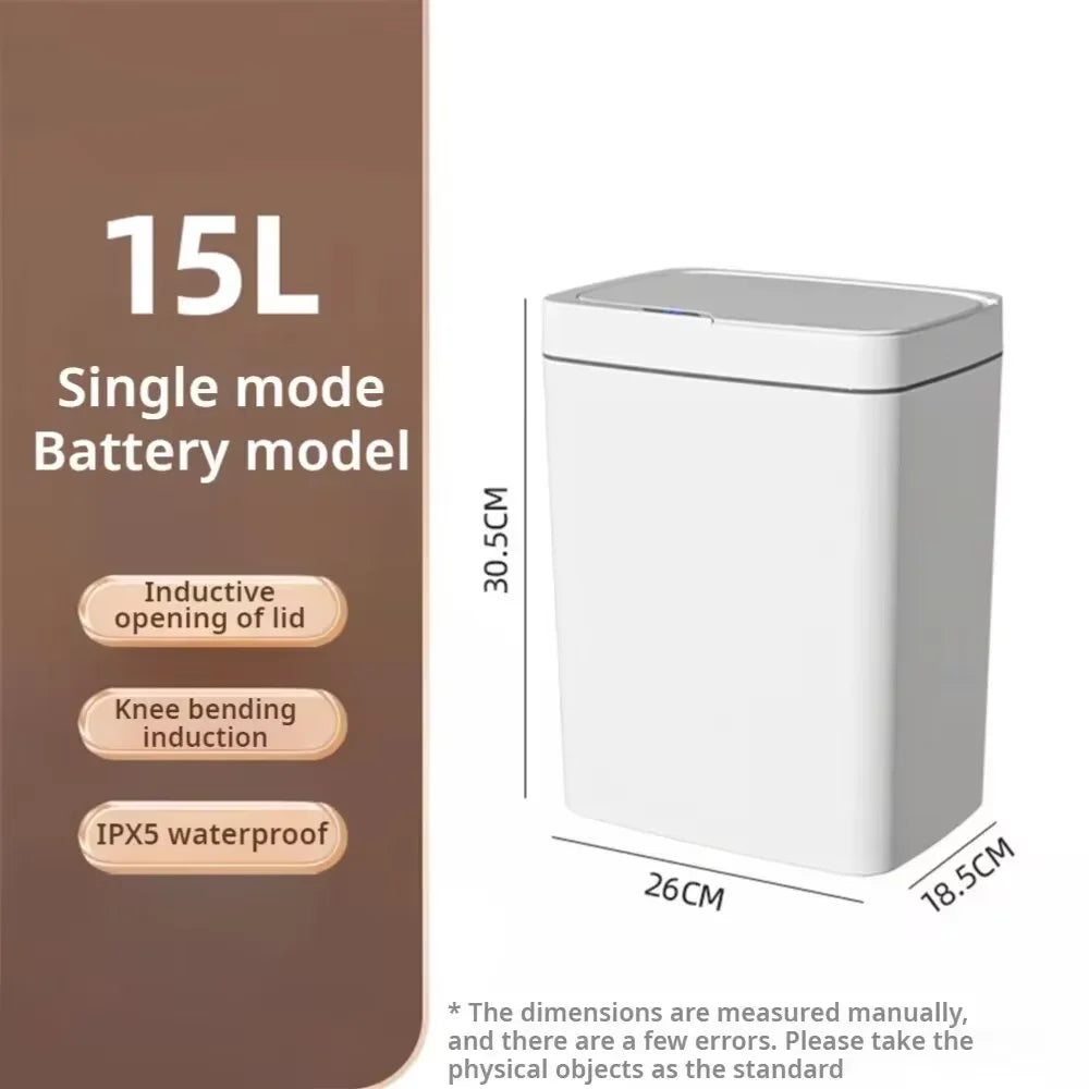 Cubo de basura inteligente para baño de 15L, blanco, sin contacto, estrecho, con sensor inteligente, para casa inteligente, con embolsado automático, cubo de basura electrónico