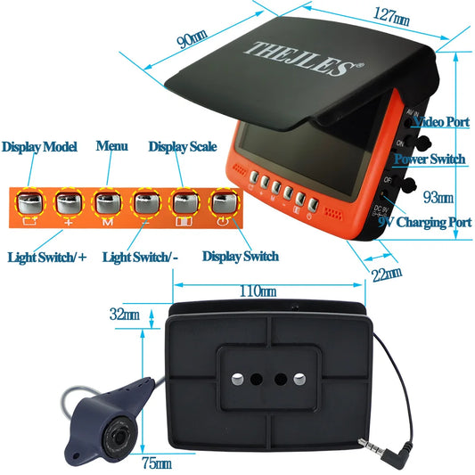 Cámara subacuática para pesca en hielo Thejles HD 1000 Line, pantalla IPS de 4,3 pulgadas, buscador de peces con 8 luces infrarrojas que se pueden encender y apagar.