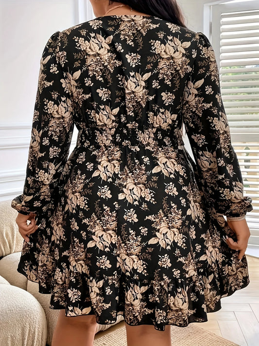 Vestido com estampa floral elegante feminino, tamanho grande, vintage, férias, festa, decote V, manga longa, primavera, outono