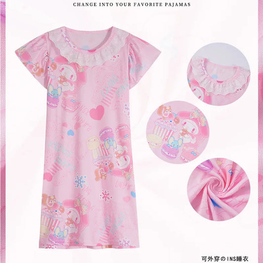Vestido de pijama de manga curta infantil, roupas de camisola meninas, roupas de família infantil, desenhos animados, verão 2024