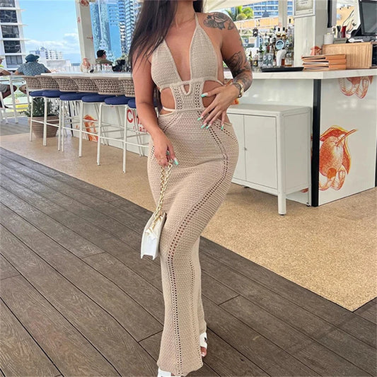 Vestido playero de verano para mujer, sin mangas, con escote en V, encaje, espalda descubierta, corte bustier, de malla, cruzado