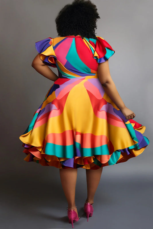 Vestido plissado tamanho a-line plissado, Vintage, Multicolorido, Gola redonda, Manga pétala, Manga curta, Elegante vestido de cetim doce Midi
