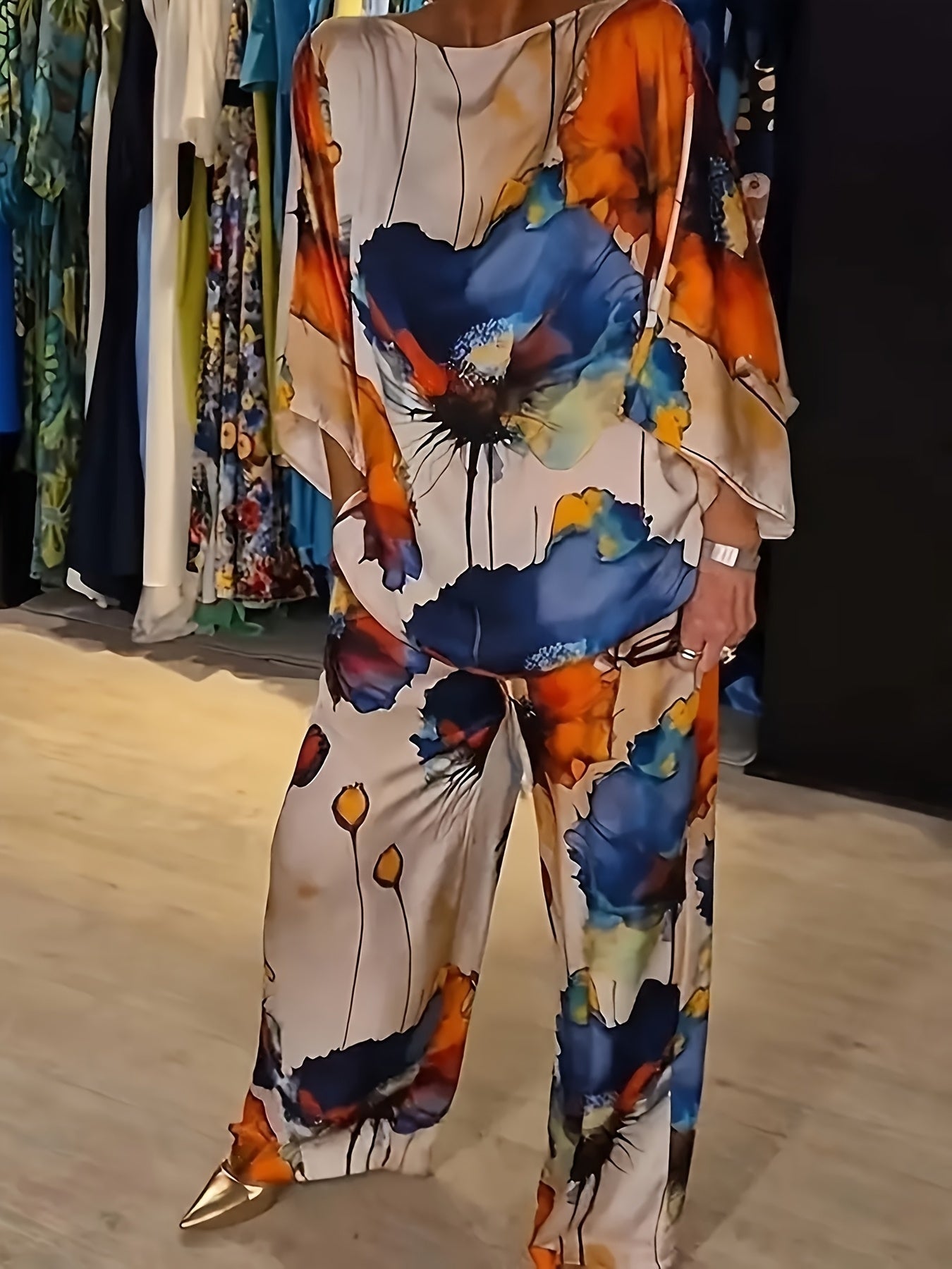 Elegant Floral Print Satin Two-Piece Set for Women - Crew Neck Top & Wide-Leg Pants, Machine Washable