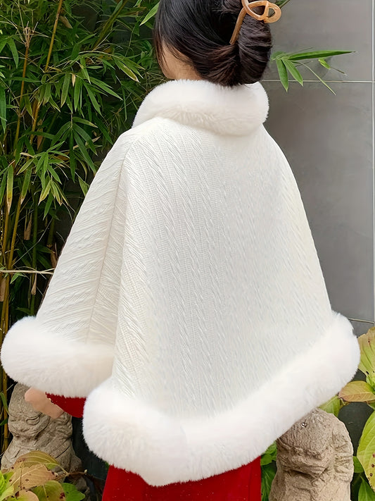 Elegant Plus Size Winter Cape Coat for Women - 100% Polyester Mandarin Neck Beaded Poncho with Slight Stretch, Solid Color, Short Length, Knit Fabric - Fashionable Warm Thickened Tassel Shawl for Formal Occasions