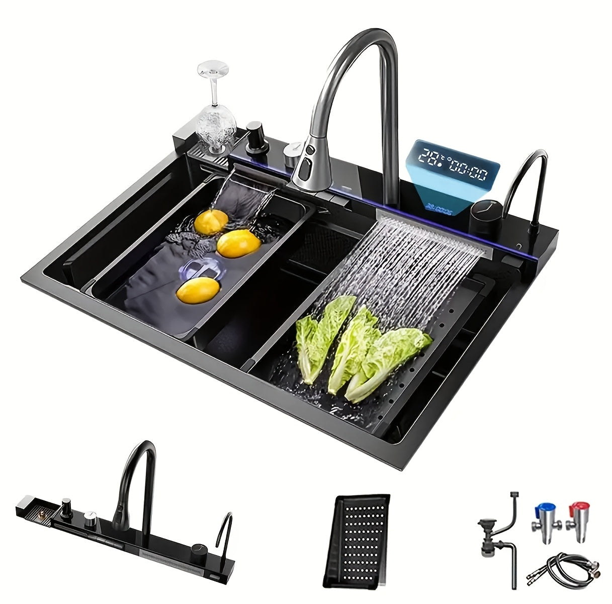 Modern Black Stainless Steel Kitchen Sink with Digital Display - Large Single Bowl, Multi-Purpose Design, Includes Faucet & Accessories, 26.7" (68x45x22cm)