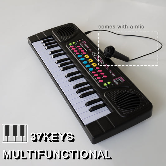 37-Key Black Electronic Keyboard, Multifunctional with Random Color Function Buttons, Educational Toy, Birthday Gift with Microphone & USB-C Cable, Adjustable Tone & Rhythm, Record & Playback, Ideal for Halloween, Christmas,