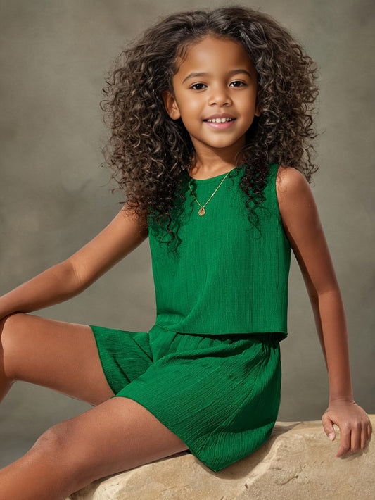 Conjunto elegante de verano para niñas: Top sin mangas elegante y pantalones cortos bonitos. Lavable a máquina, mezcla de poliéster, perfecto para exteriores.