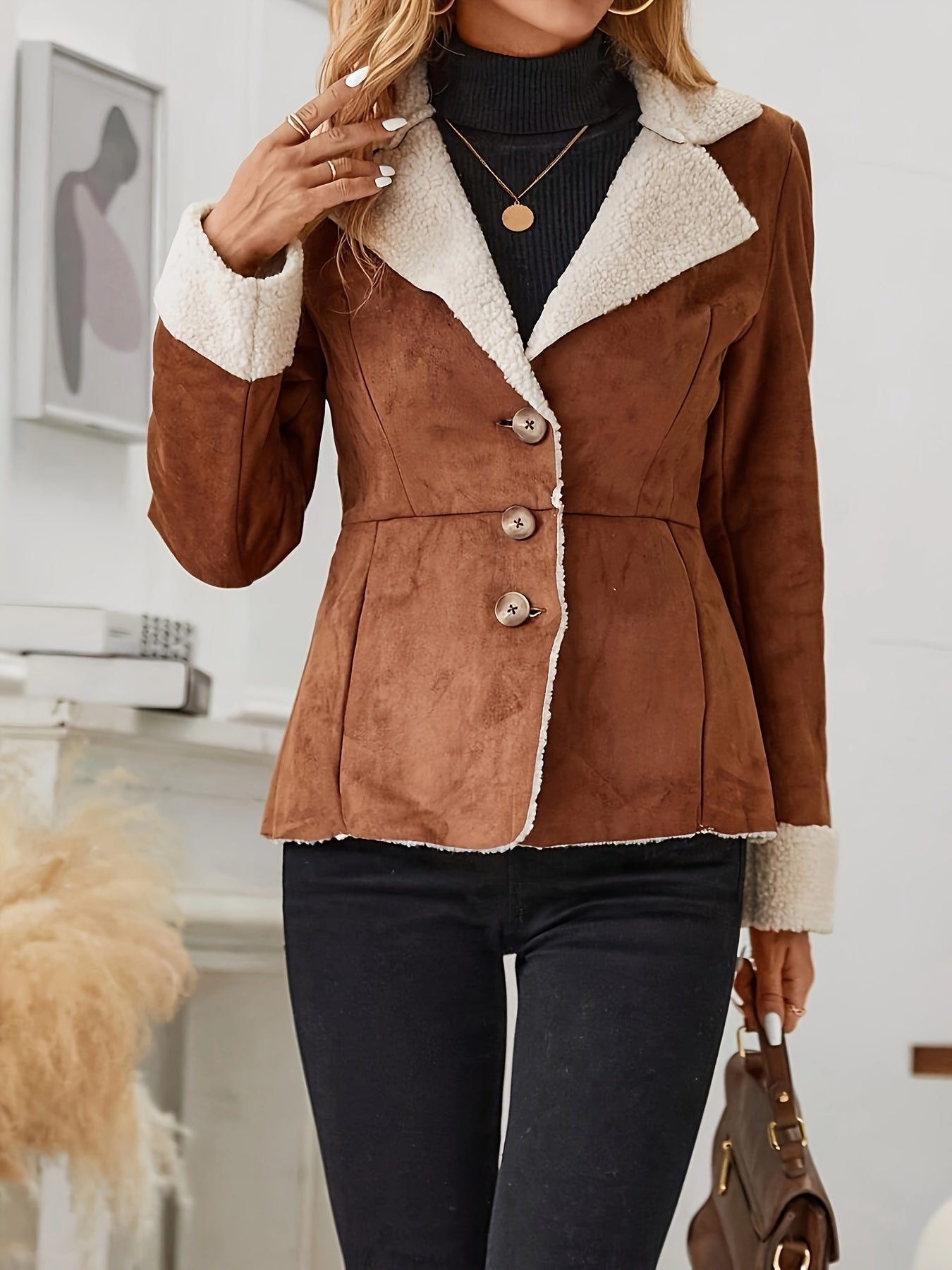 Chaqueta térmica de piel sintética con botones delanteros, informal, de manga larga y cuello de solapa, para otoño e invierno, ropa de mujer