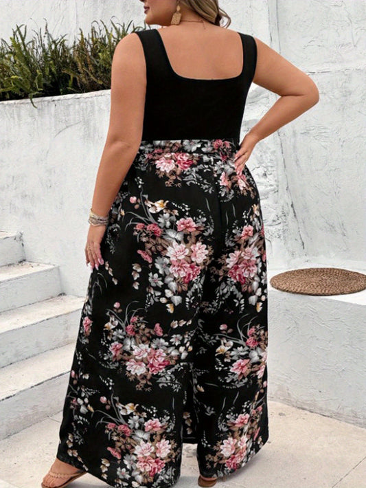 Plus Size - Women'S Elegant Sleeveless Floral Print Jumpsuit with Belt - Stretchy, Loose Fit, Square Neck, Long Length, Black with Pink & White Flowers, All-Season Comfort, Casual Wear Jumpsuit | Floral Print Jumpsuit | Comfo