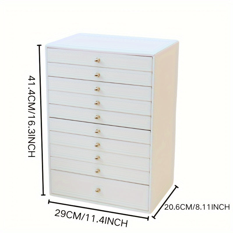 Glam Style PU Leather Jewelry Organizer Box - 10-Drawer Floor Mount Large Capacity Storage for Rings, Earrings, Necklaces, Watches - Textured Finish with Velvet Interior, Drawstring Closure - Ideal Gift for Mother's Day, Birt