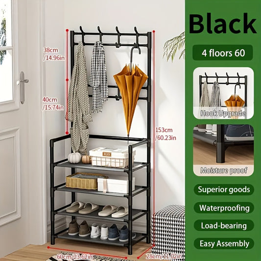Multifunctional Metal Entrance Hall Organizer - 4-Layer Black Clothes and Hat Rack with Shoe Cabinet, Perfect Choice for Home Storage, Freestanding Clothes and Shoe Rack, Suitable for Front Door Entrance, Used to Store Clothes