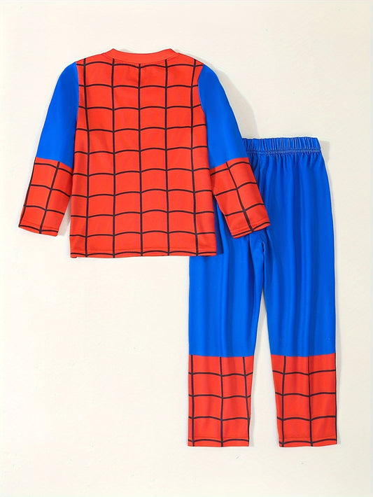 2pcs Boy's Color Blocking Top + Pants Imitation Spider Suit Set, Perfect For Birthday, Halloween And Carnival Party Playing & Performance