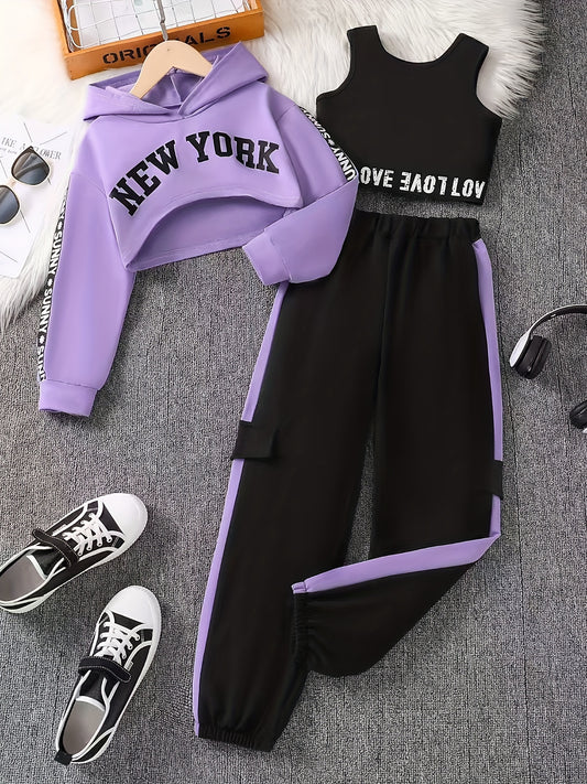3-Pack Girls' Casual Sports Letter Webbing Stitching Hooded Long-Sleeved English Printed Short Hoodie with Elastic Webbing Hem Vest with Color Matching Cuff Trousers Street Trend Y2K Autumn And Winter, for Outdoor