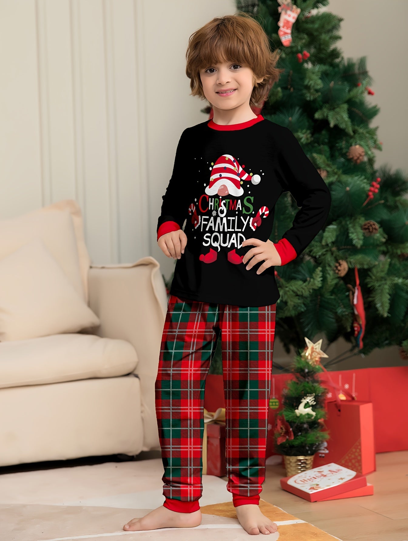 Cozy Youngsters' Christmas Pajama Set - Flame Retardant, Santa Hat & Mini Print, Long Sleeve Black Top with Red Plaid Pants, Cozy Loose Fit for Fall/Winter