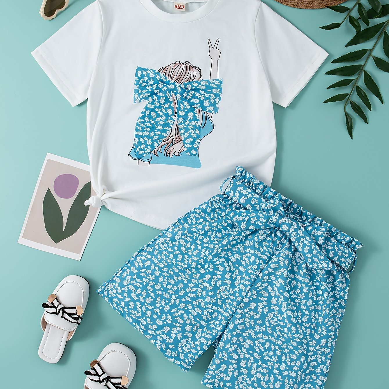 Girls' Summer Casual Outfit Set - Cartoon Print Bow T-Shirt & Floral Shorts with Belt, Breathable Polyester Blend, Perfect for Outdoor