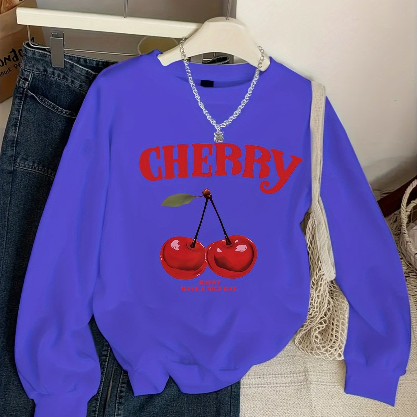 Girls' Vintage Cherry & Letter Print Casual Sweatshirt - Cozy Polyester, Round Neck, Long Sleeve for Fall/Winter