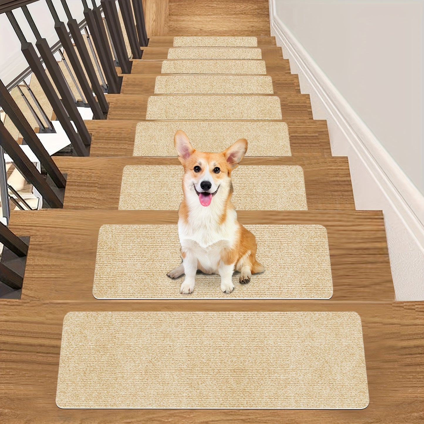 15 alfombras autoadhesivas reutilizables de madera para escalones de escalera, antideslizantes y seguras para mascotas en interiores.